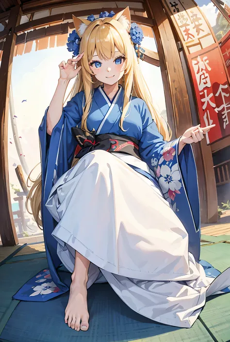 One Girl, Long Hair, Big smile, blonde, Blue and white odd eyes, Blue kimono, shrine, Please redeem, High Resolution Model, Cat ears, Fisheye Shot, 