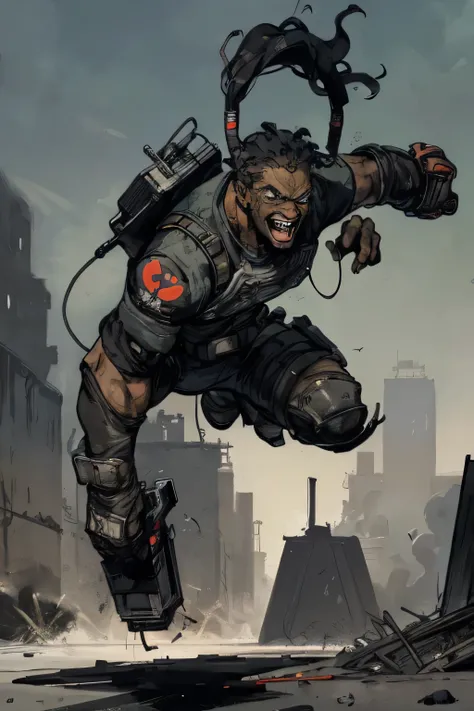 portrait of 1 black small , trigger happy, afro pig tails,   full apocalyptic gear, intense action background, rocket launcher, happy expression, 
futuristic,  detailed,  (  methurlant)
dark, dim light, gritty, comic, y2k animation, hq, intricate detail, h...