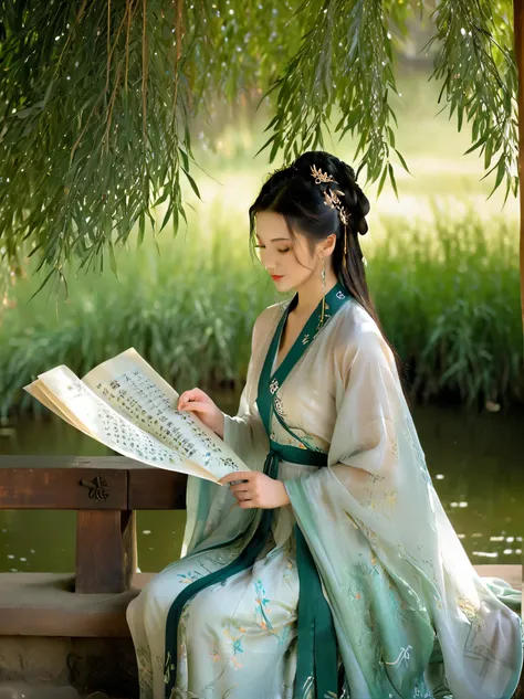 Dunhuang art style, Extremely long-distance lens, A beautiful girl, Perfect face, Pretty Face, Wearing traditional silk dress, Standing on an ancient soft scroll with golden ancient texts, Zen style, Bright Star, Light and Shadow, Ancient White, epic, Extr...