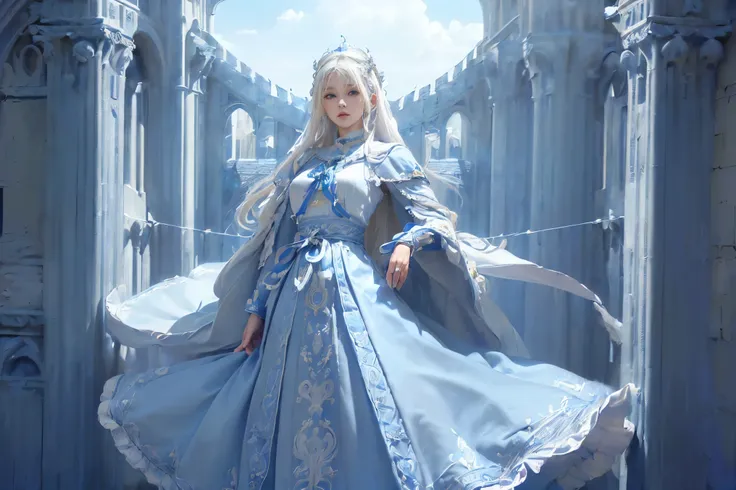 (Absurdly,high quality , Very detailed,32K、High image quality、Ultra HD)、(((High Priestess Woman、White Hair、Blue Ribbon)))、(((Royal blue embroidered priest costume、Long skirt)))、(((Perfect limbs)))、(masterpiece, 最high quality, 最high quality, Official Art, B...