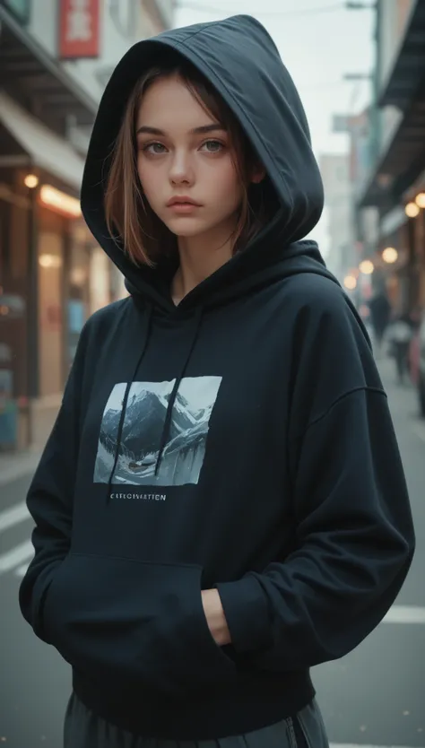 Black hoodie、☠Illustration of a hoodie、color#D2B48C&#39;hair、Girl looking down、Very cute girl、Fatigue、One Girl、Slightly red nose and cheeks、Unparalleled beauty、Cute Face、Intricate and detailed、Downtown New York、masterpiece:1.5、Best image quality、Ultra-high...