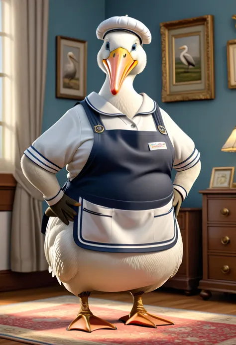 photorealistic portrait of Dressed animals - a (fat) (pelican) housekeeper,(hands on hips:1.5),(happy smile:1.2), high quality,(lovely) ,intricate details, highly detailed (( housekeeper clothes)), wearing housekeeper cap and apron ,sneakers, highly detail...