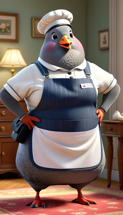 photorealistic portrait of Dressed animals - a (fat) (pigeon) housekeeper,(hands on hips:1.5),(happy smile:1.2), high quality,(lovely) ,intricate details, highly detailed (( housekeeper clothes)), wearing housekeeper cap and apron ,sneakers, highly detaile...