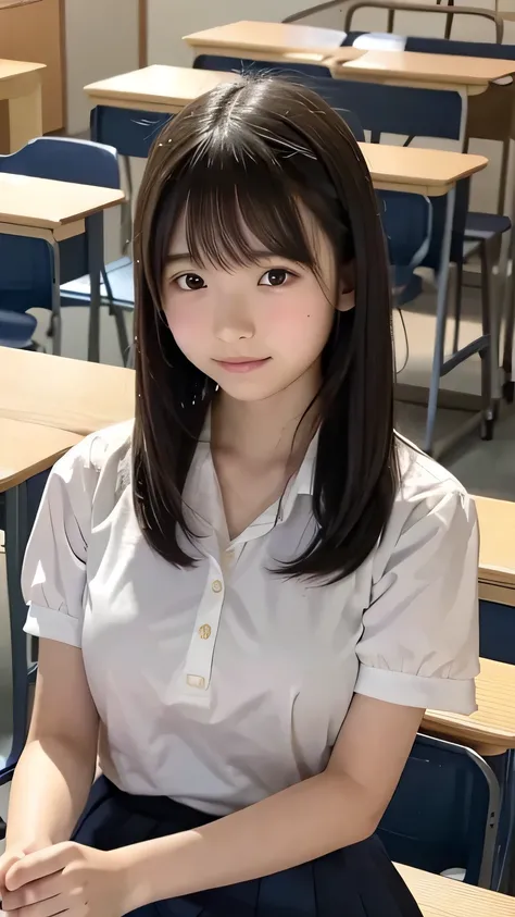 (masterpiece:1.2), Japanese, (15yo), (a schoolgirl), in a classroom, short sleeves, (both hands on her breasts),