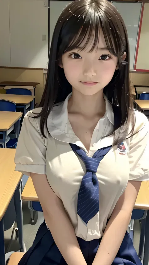 (masterpiece:1.2), Japanese, (15yo), (a schoolgirl), in a classroom, short sleeves, (both hands on her breasts), 