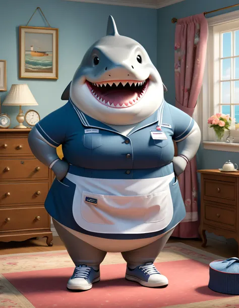 photorealistic portrait of Dressed animals - a (fat) (shark) housekeeper,(hands on hips:1.2),(happy smile:1.2), high quality,(lovely) ,intricate details, highly detailed (( housekeeper clothes)), wearing housekeeper cap and apron ,sneakers, highly detailed...