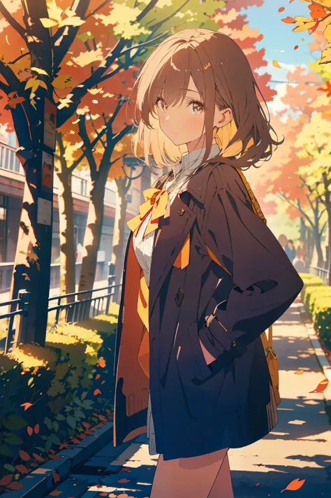 masterpiece, Best Quality ,Beautiful woman ,Outdoor((best quality)), ((masterpiece)), (detailed), perfect face, high detailed eyes, A woman walking down a tree-lined street wearing a stylish trench coat. She has her hands in the coats pockets and is stroll...