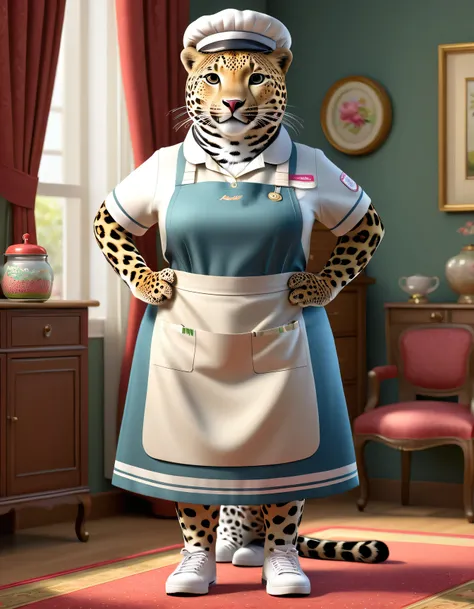 photorealistic portrait of Dressed animals - a (fat) (leopard) housekeeper,(hands on hips:1.2),(happy smile:1.2), high quality,(lovely) ,intricate details, highly detailed (( housekeeper clothes)), wearing housekeeper cap and apron ,sneakers, highly detail...