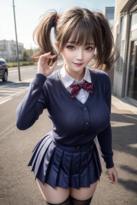 Jiuchuandef,Twin tails,school uniform,black seraph,Long sleeve,skirt,thighhighs,jewelry,Earrings,standing,
Best Quality, Very detailed, masterpiece, Absurd,8k,   photoRealistic, Realistic,Detailed skin texture,Detailed Students,High resolution,Natural Ligh...