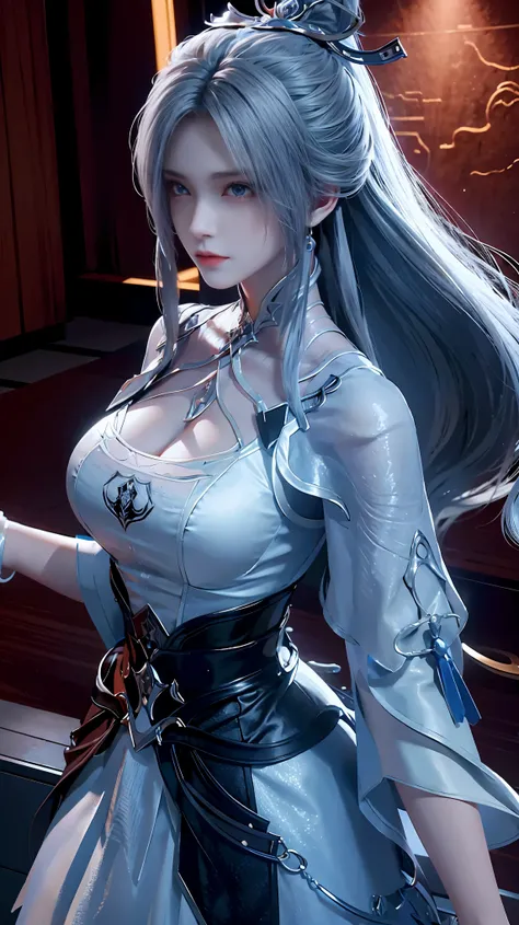 Realistic, High-resolution images，From "The King of Fighters". She is a high, Elegant woman，long, Silver Hair, Sharp blue eyes, and pale skin. She was wearing a stylish black suit，A white shirt underneath, Makes her look strong and professional. Her expres...