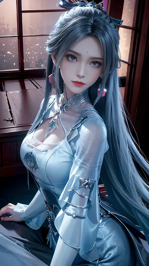 realistic, high-resolution images，from "the king of fighters". she is a high, elegant woman，long, silver hair, sharp blue eyes, ...