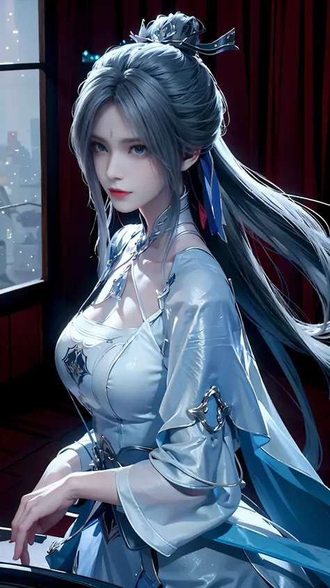 Realistic, High-resolution images，From "The King of Fighters". She is a high, Elegant woman，long, Silver Hair, Sharp blue eyes, and pale skin. She was wearing a stylish black suit，A white shirt underneath, Makes her look strong and professional. Her expres...