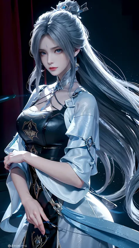 Realistic, High-resolution images，From "The King of Fighters". She is a high, Elegant woman，long, Silver Hair, Sharp blue eyes, and pale skin. She was wearing a stylish black suit，A white shirt underneath, Makes her look strong and professional. Her expres...