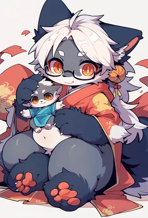 wolf girl，furry girl，baby characteristics，white hair，gray skin，shawl，chinese traditional clothing，glasses，