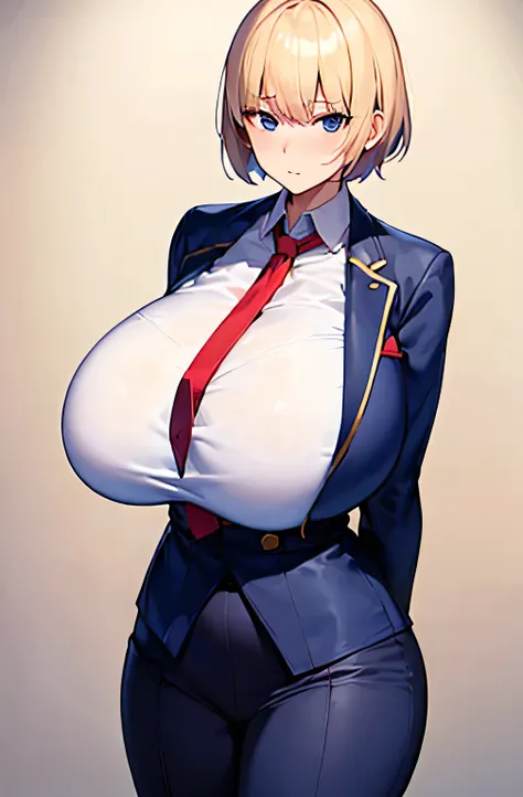 alone、((((Huge breasts))))、Blonde、Very short hair、pixie cut、blue eyes、Tight waist、student、Navy blue blazer、White shirt、Navy blue slacks、Red tie、expensive、Red cheeks、Perm、Confident expression、boyish、Cross your arms behind your back