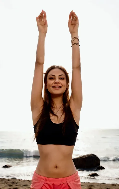 mila kunis in a black top and pink shorts standing on a beach, anjali mudra, with arms up, arms raised, vivid and balanced, lore...