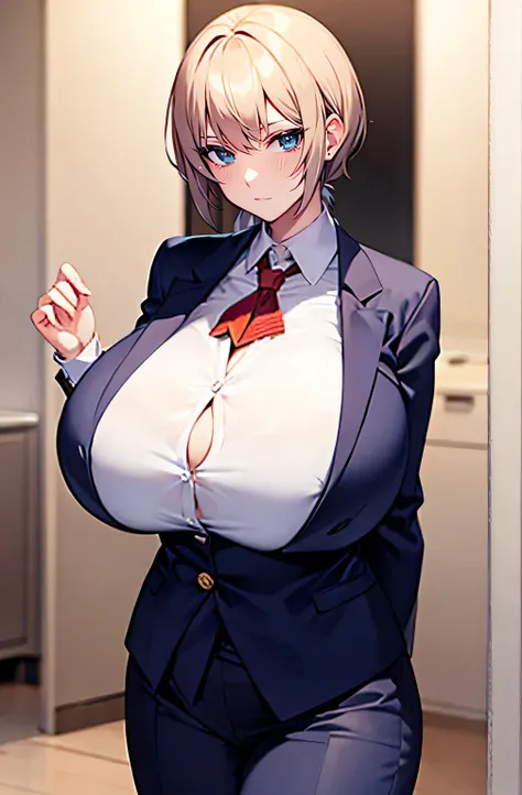 alone、((((huge breasts))))、blonde、very short hair、pixie cut、blue eyes、tight waist、student、navy blue blazer、white shirt、navy blue...