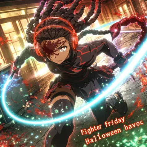 Fighting game CG : " Fighter friday Halloween havoc" in blood red splattered lettering, ( ,blindfold, ,hancuffed, collared, psychotic, eager,, full figured,Darkskin black woman with dreadlocks and a thick black and red striped scorpion tail, headphones,imp...