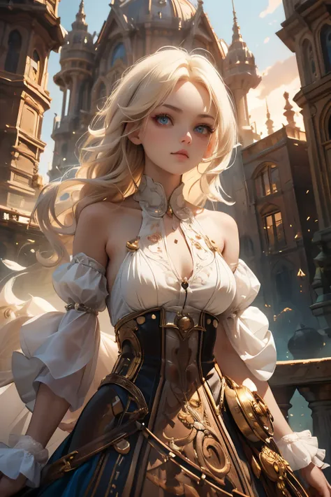 create an illustration depicting a  overlooking a steampunk cityscape. the girl has dark skin, short blonde hair and shiny blue ...