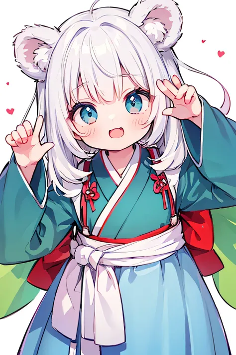 cute bear girl, Soft and fluffy, Wearing a cute hanbok, Make a cute face, strike a cute pose, White hair,