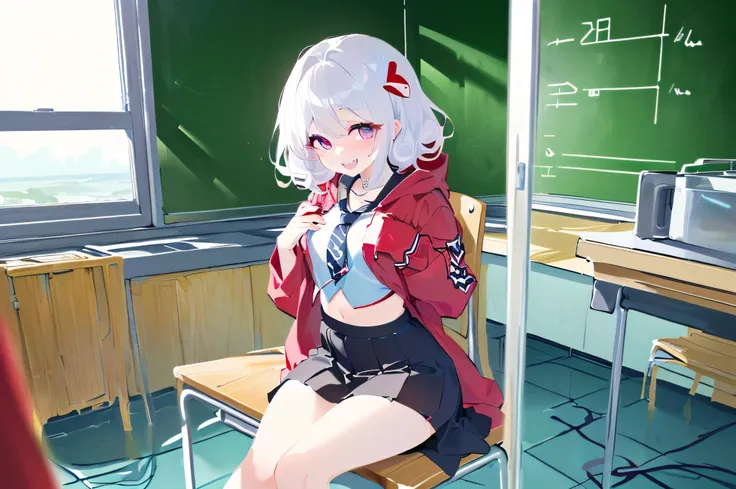 1girl, (taken from a distance:1.5),(frontal:1.5),(sitting on a soft chair:1.5),(school, red hooded jacket with hood,  black skir...