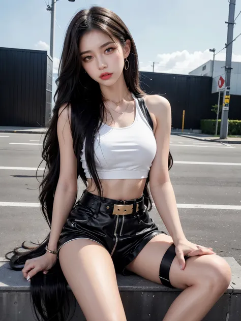 a young woman sitting on the ground in a stylish streetwear outfit. she is wearing a gold crop top paired with high-waisted blac...