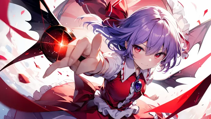 an illustration of the touhou character remilia scarlet。red glowing eyes、they are attacking with red magic.。a dynamic red magic ...