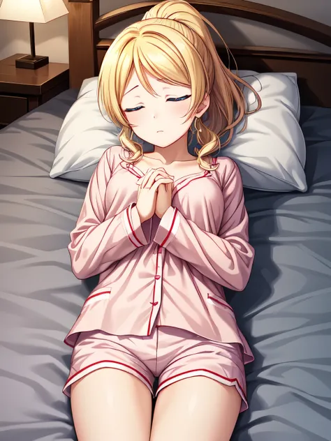 (masterpiece、Best Quality)、1 Girl、 Pink pajamas、indoor、Eri Ayase、Blonde Hair、Blue Eyes、ponytail、Sleeping in a lovely bed、 sleeping face、Eyes closed、Closed Mouth、Shorts、White thighs、Hands on chest、(Fine Fingers、Beautiful hands:1.2),Sharp pupils、High resolut...