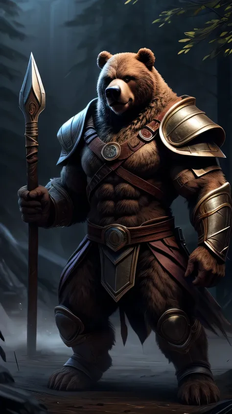 Imagine a strong bear with human body, muscular and strong body, body with strong bear skin, humanoid, in thick Spartan armor, holding a massive spear and shield, standing firm on the battlefield, unyielding in the face of danger.