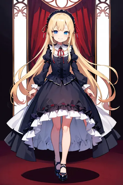 High image quality　Best Quality　Blonde　Blue Eyes　Droopy eyes　Long Hair　beautiful girl　Red Heels　Ribbon on head　A kind smile　upright　Long skirt　(gothic lolita)　(standing)
