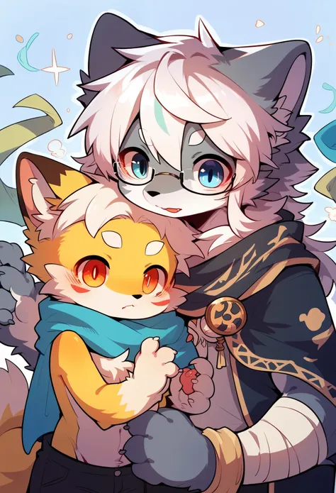 heterosexual，fox boy，furry boy，characteristics of young children，white hair，yellow skin，white arm，scarf，wolf girl，furry girl，bab...