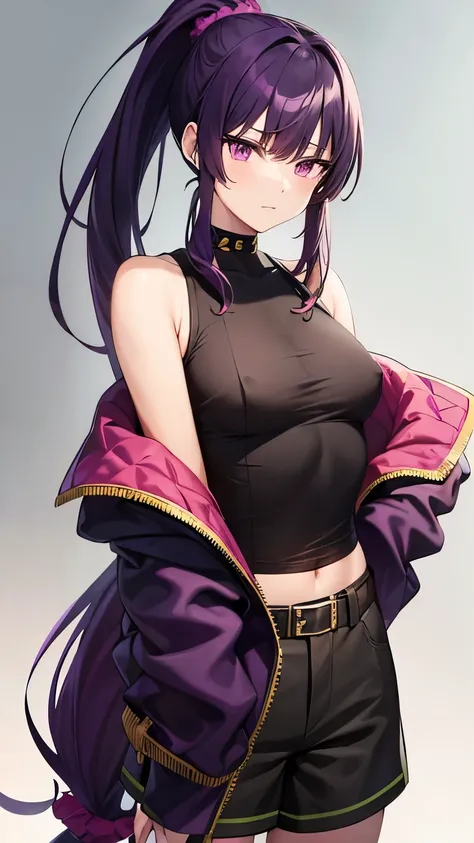 Maruchina,Purple eyes, Purple Hair, Long Hair, ponytail, Hair Scrunchie, Green choker, O-ring top, Tank tops, Sleeveless, West Cape, Black shorts, Green Belt, boots,fc portrait, nipples 