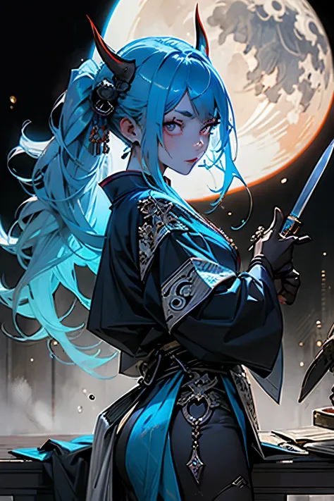 woman、Blue Demon、Blue Skin、Tied Hair、Two Red Horns、Pitch black eyes、両手に白いknife、knife、二knife流、Japanese style clothing、shortage々Good personality、Moon in the background、Backlight、