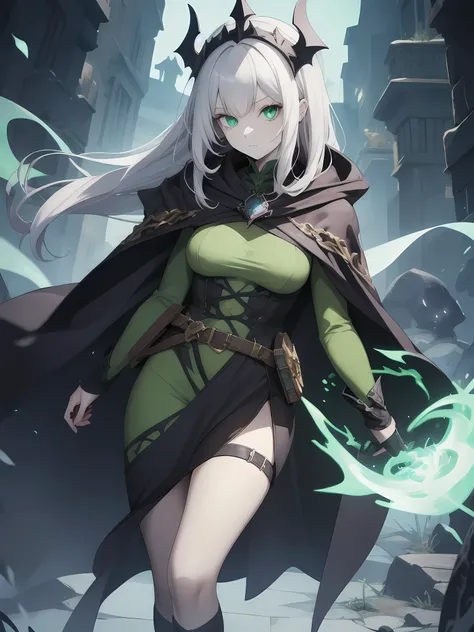 Young pale skin female necromancer, Dark cloak, robes, poison green motifs