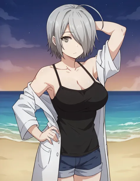 chizuru tachibana, short hair, ahoge, grey hair, hair over one eye, grey eyes, large breasts, lab coat, white lab coat, camisole, black camisole, collarbone, cleavage, shorts, high quality, solo, night sky, beach, arm behind head, hand on hip, {contrappost...