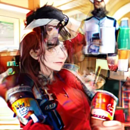 arafed man with a beard and a red shirt holding a cup of coffee, holding hot sauce, full body potrait holding bottle, upper body portrait, half body portrait, holding a tankard of ale, photograph of a techwear woman, fully body portrait, androgynous person...