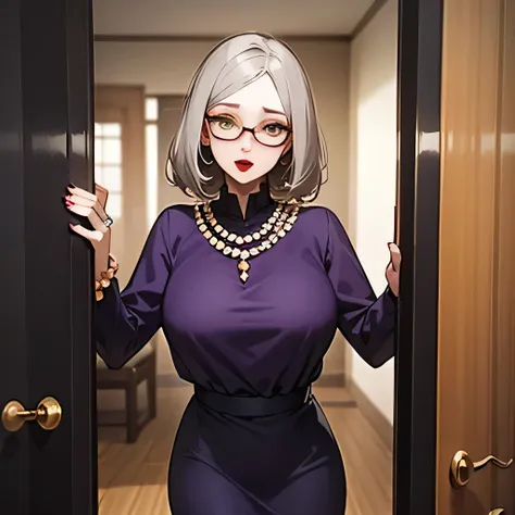 grandma、golden grey hair color、yellow-green eyes、beautiful purple outfit、glasses、scary face、big ring、pearl necklace、red lipstick...