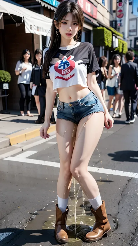 voluptuous legs,(full body shot:1.2),leaning forward,hand on thigh,Ultra high quality,cute face,Beautiful sexy japanese girl 1,whitet-shirt,Waistless tight sexy denim mini shorts,Wearing backpack,((wearing brown very short boots and white very short loose ...