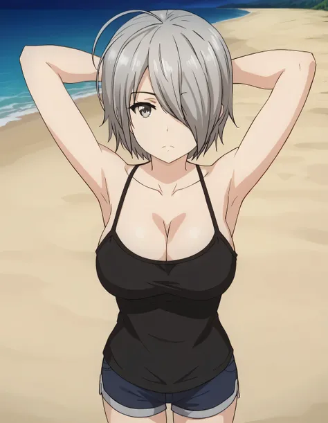 chizuru tachibana, short hair, ahoge, grey hair, hair over one eye, grey eyes, large breasts, camisole, black camisole, collarbone, cleavage, shorts, high quality, solo, night sky, beach, arms behind head, {contrapposto}, closed mouth, spread armpits, cowb...