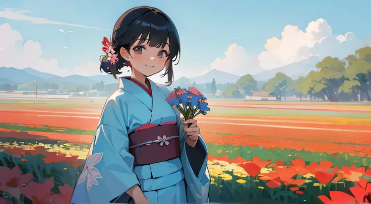 blue sky,flower field, holding flower,kimono,smile,japanese girl