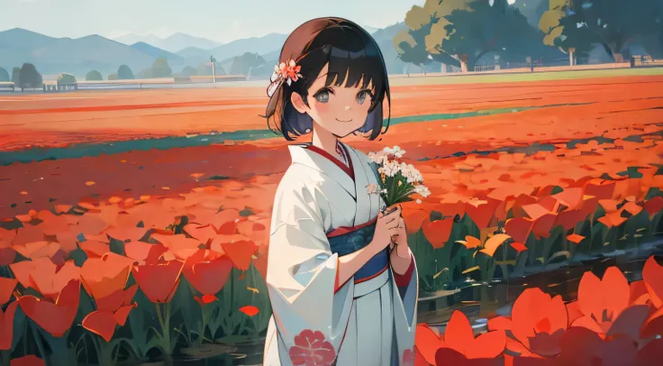 flower field, holding flower,kimono,smile,japanese girl