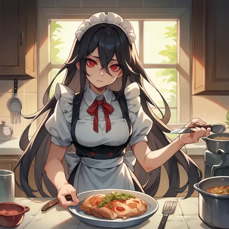 an older female in her 20s with very long black hair and red eyes has a blank stare on her face. she has a maid outfit on and has a kitchen knife in her hand. setting: kitchen on your house.