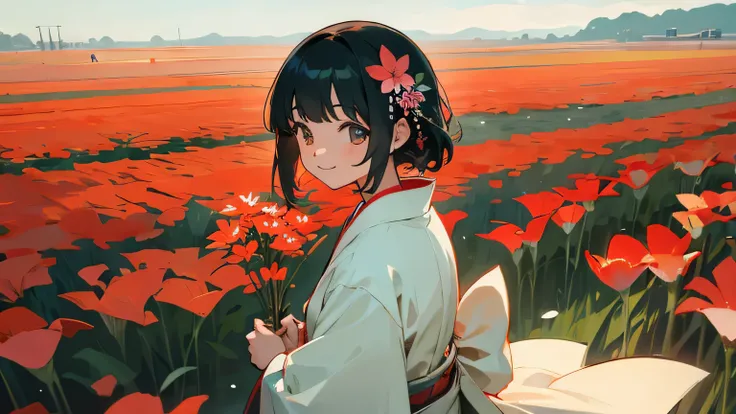 flower field, holding flower,kimono,smile,japanese girl