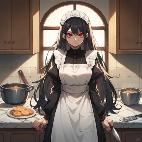 an older female in her 20s with very long black hair and red eyes has a blank stare on her face. she has a maid outfit on and has a kitchen knife in her hand. setting: kitchen on your house.