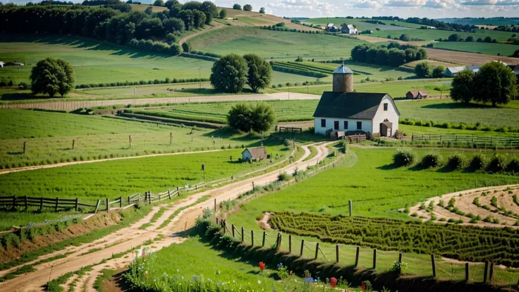 (representing in detail a rural farm background with barn, tractor, windmill, corn fields, barnyard, chicken coop, meadow vegetation, wildflowers, dirt path, dirt road, lively atmosphere and relaxed attitude, meticulously capturing every intricate detail),