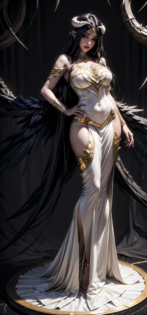 a (super realistic) beautiful sexy wife (albedo_overlord) with ( eyes with highest detailing) and white attire(detailed) with go...