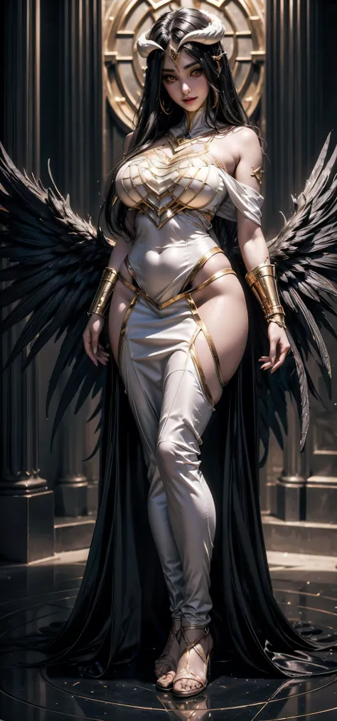 A (super realistic) beautiful sexy wife (albedo_overlord) with ( eyes with highest detailing) and white attire(detailed) with gold jewellery on breast, beautiful breast(sexy), black long beautiful hair, hyper detailed black devils wings (every thing with b...