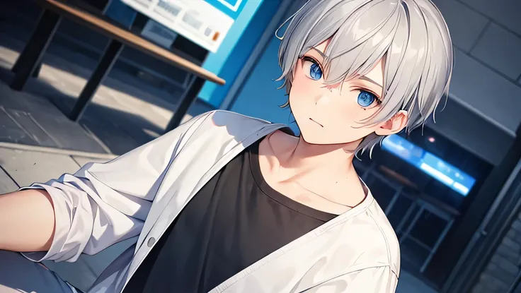 A boy with gray hair and blue eyes wearing casual clothes