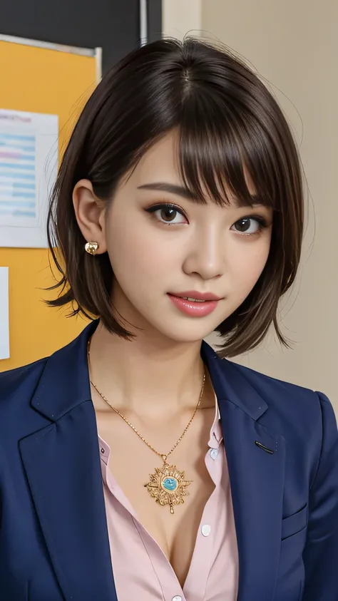 RAW Photo High Resolution, Very detailed, Intricate details, 、ear piercing、、Short Hair、Dark Brown Hair、Office Lady Suits 、jacket、shirt、Heavy makeup、Necklace on neck、, The background is the office
