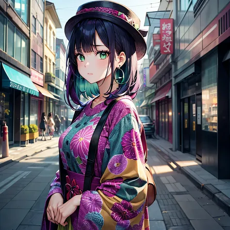 An anime-style girl with short deep purple hair and bright green eyes without highlights, wearing a colorful and trendy outfit with bold patterns. She accessorizes with large earrings and a stylish hat. She is standing still in a bustling city street, show...